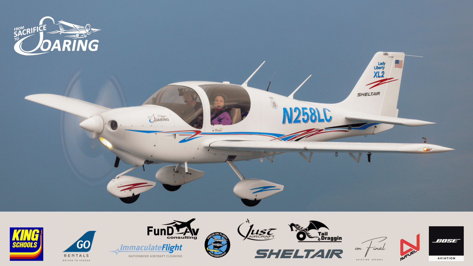 FSTS Partner Graphic A woman is piloting a small airplane in the sky at Sheltair's Rocky Mountain Metropolitan Airport.